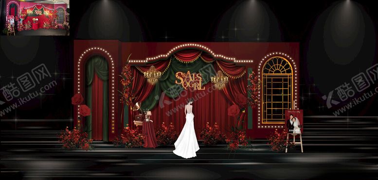 编号：65833804051607146687【酷图网】源文件下载-复古舞台上的白色婚纱展示