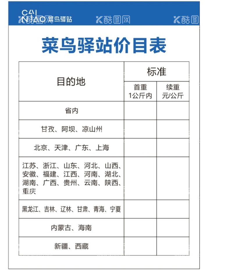 编号：63660712181757063857【酷图网】源文件下载-菜鸟驿站价格牌收费标准