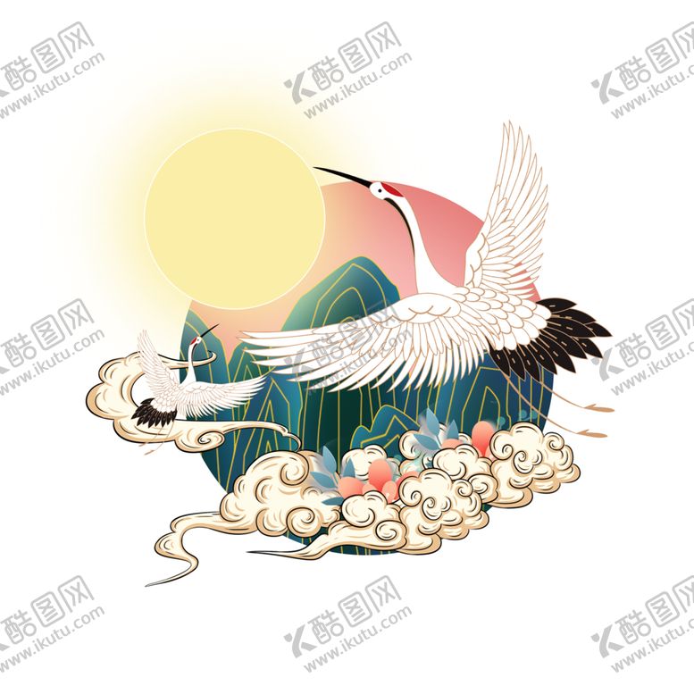 编号：64818002080013269503【酷图网】源文件下载-国潮仙鹤祥云元素图片