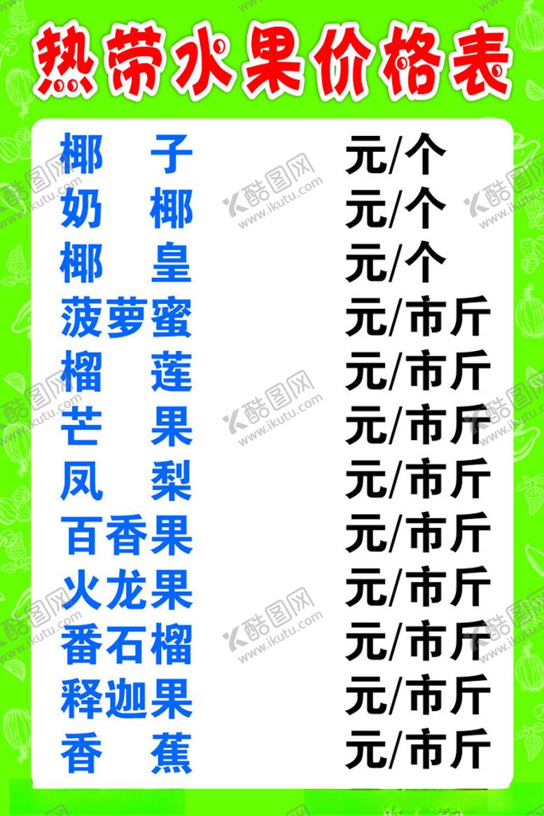 编号：14206001260811062356【酷图网】源文件下载-热带水果价格表