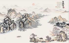 仿古青绿山水国画电视背景墙