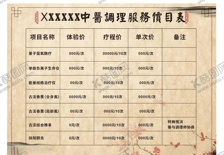 编号：78823504231533414329【酷图网】源文件下载-中医调理价格表