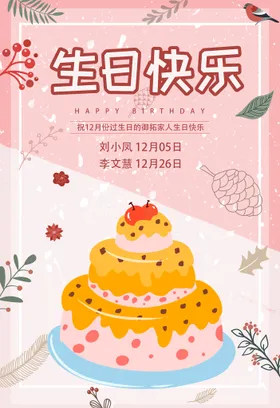 生日海报卡通快乐树叶蛋糕
