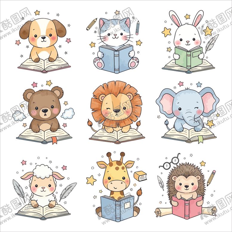 编号：11781704050249101828【酷图网】源文件下载-萌宠读书插画