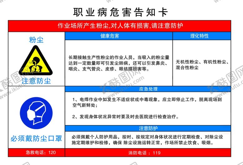 编号：15291712072028557758【酷图网】源文件下载-职业病危害告知卡粉尘