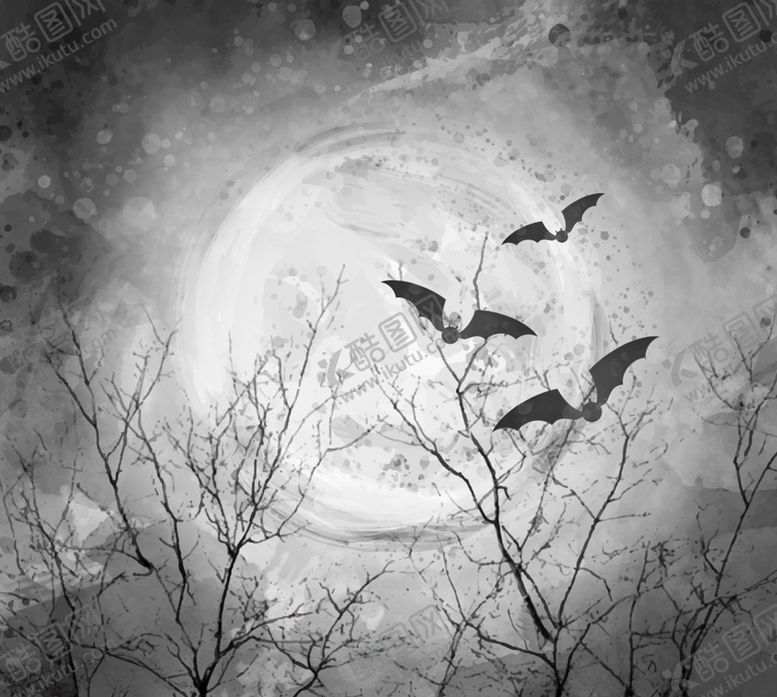 编号：95430809300403566890【酷图网】源文件下载-彩绘夜晚枯树蝙蝠风景矢量素材