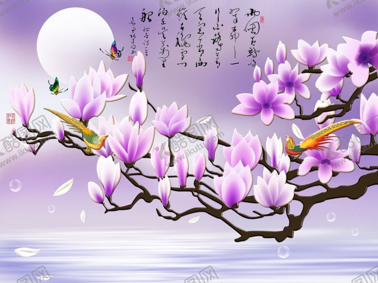 编号：18995206290533394569【酷图网】源文件下载-花鸟画浮雕花玉兰背景墙