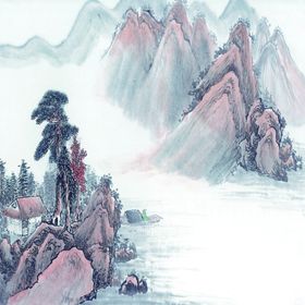 大幅国画山水巨幅背景画流水生财