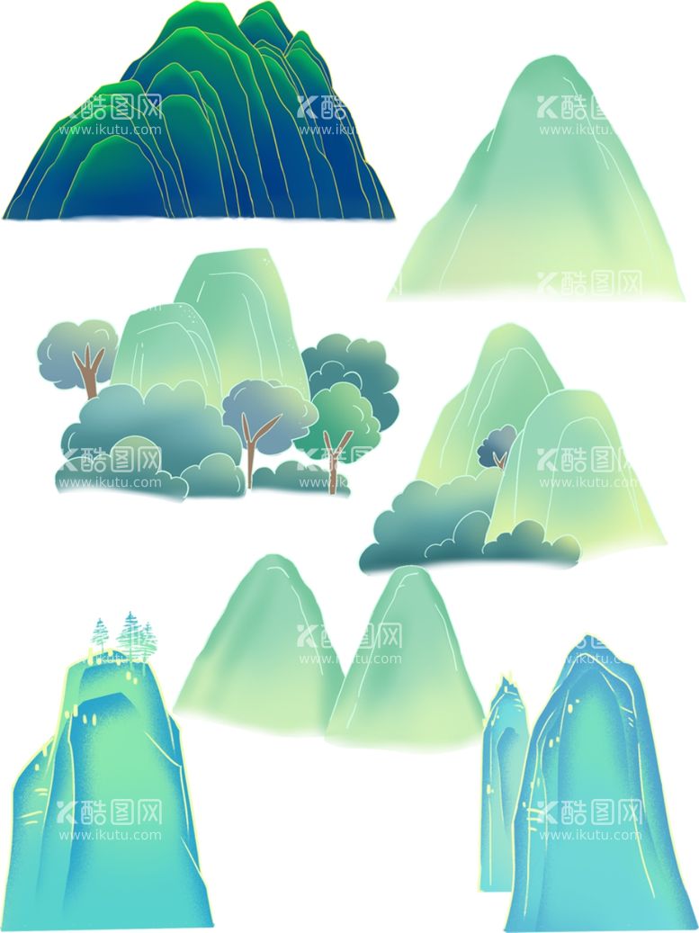 编号：22698111281958089747【酷图网】源文件下载-免扣绿色国风山峰卡通元素素材