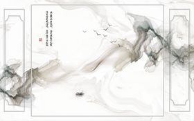 水墨画飘带小船背景墙