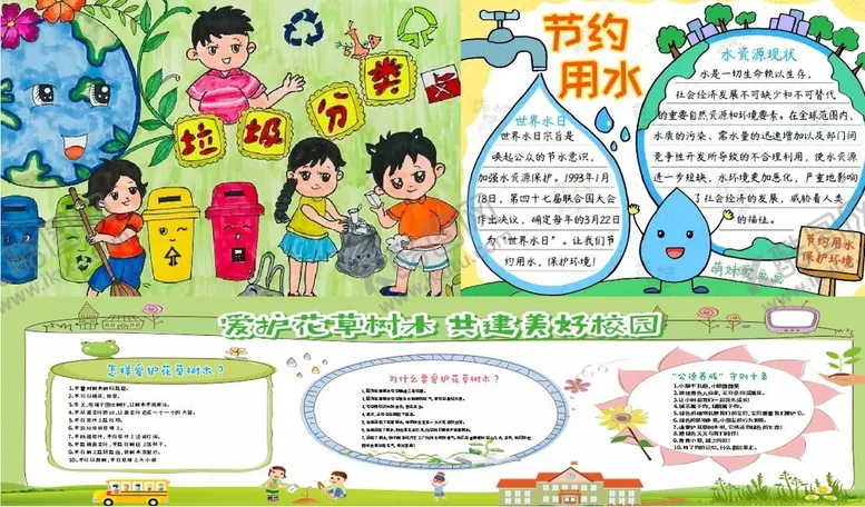 编号：34582910230345428283【酷图网】源文件下载-垃圾分类节约用水爱护树木手抄报