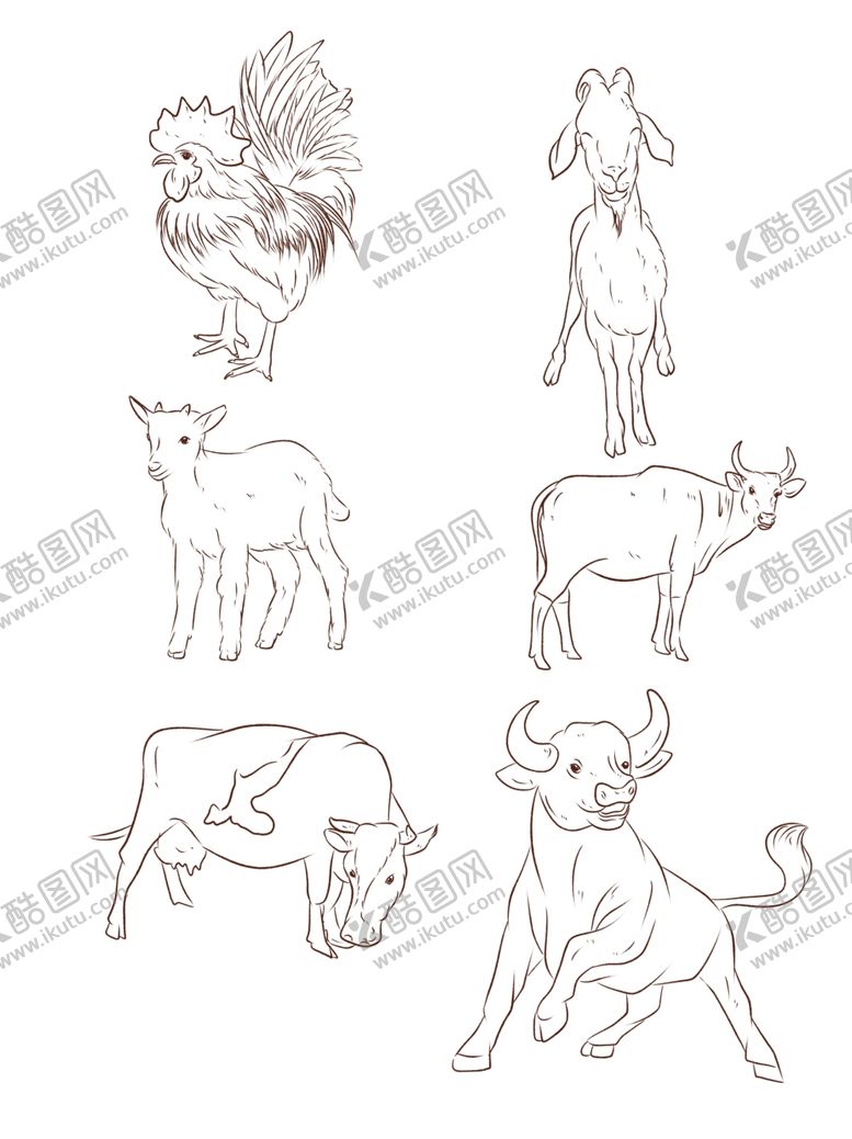 编号：97320507021919335950【酷图网】源文件下载-矢量动物鸡羊牛素描线条图片