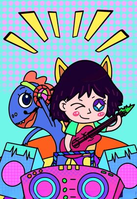蒸汽波怪兽音乐吉它女孩插画