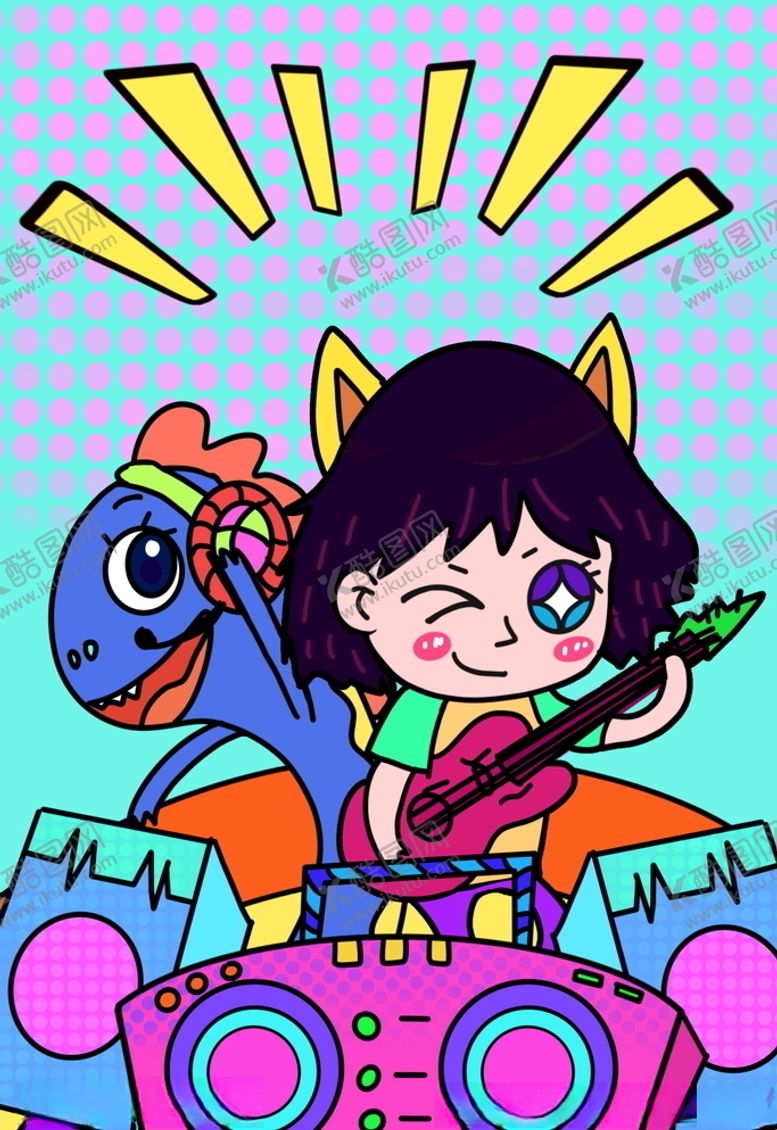 编号：31854710060247407881【酷图网】源文件下载-蒸汽波怪兽音乐吉它女孩插画