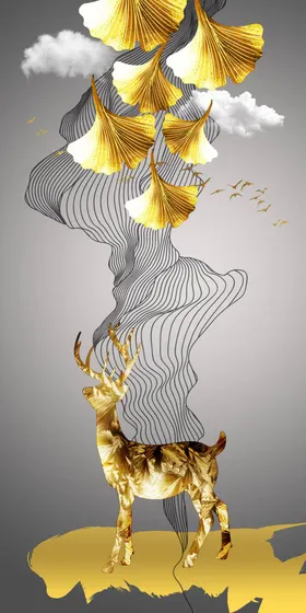 麋鹿装饰画发财金色中式抽象抽象玄关