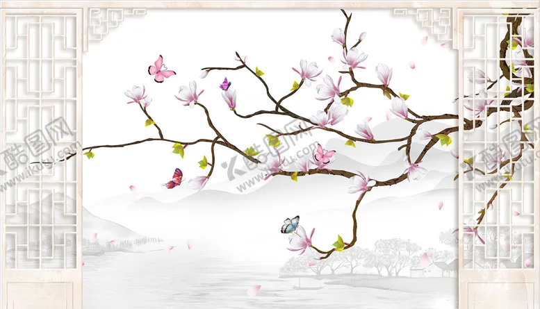 编号：52744403290327222785【酷图网】源文件下载-花鸟画玉兰花造型背景墙