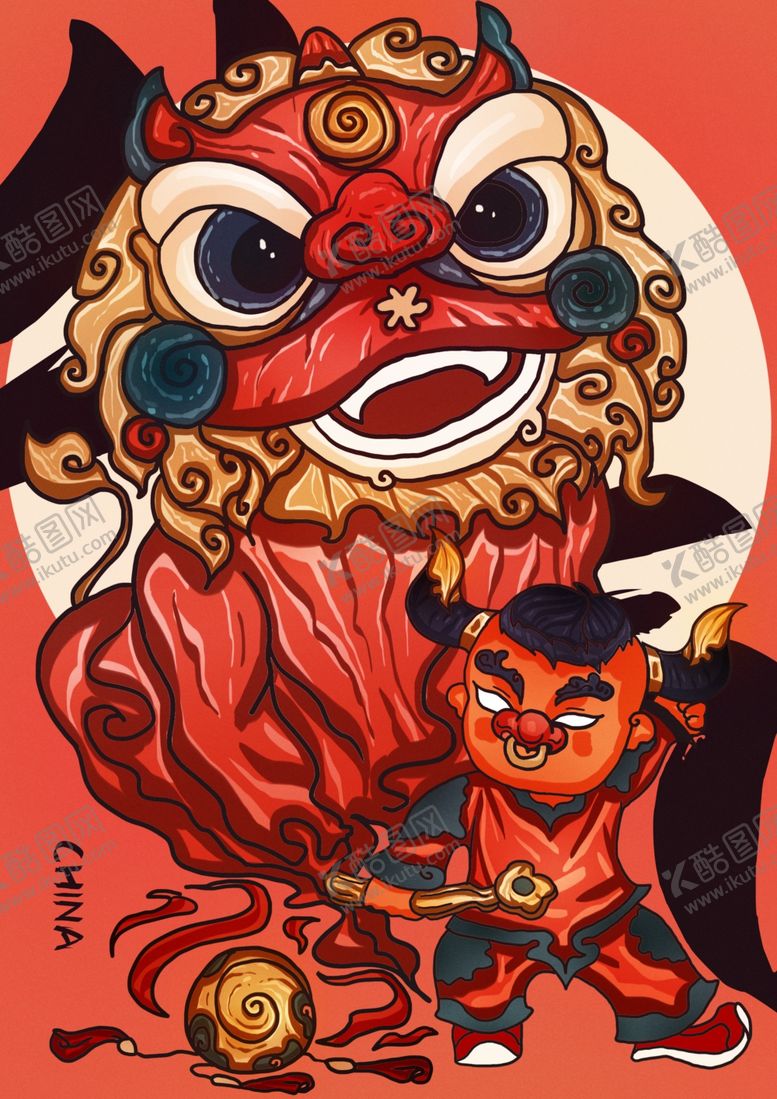 编号：61412105020140018742【酷图网】源文件下载-2020年红色喜庆牛年舞狮子插