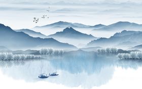 水墨山水小船大雁背景墙