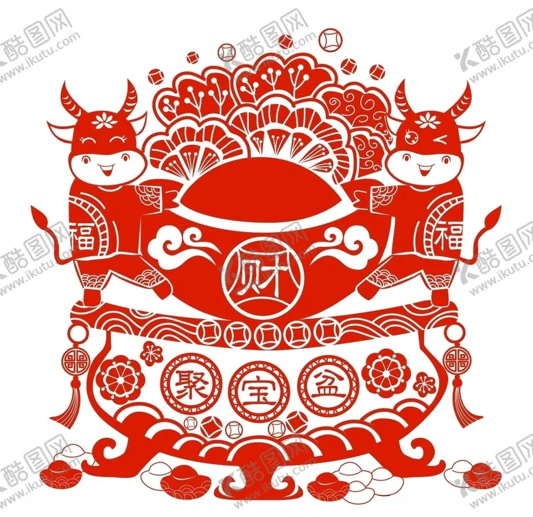 编号：34003607011534557390【酷图网】源文件下载-牛年聚宝盆财宝剪纸