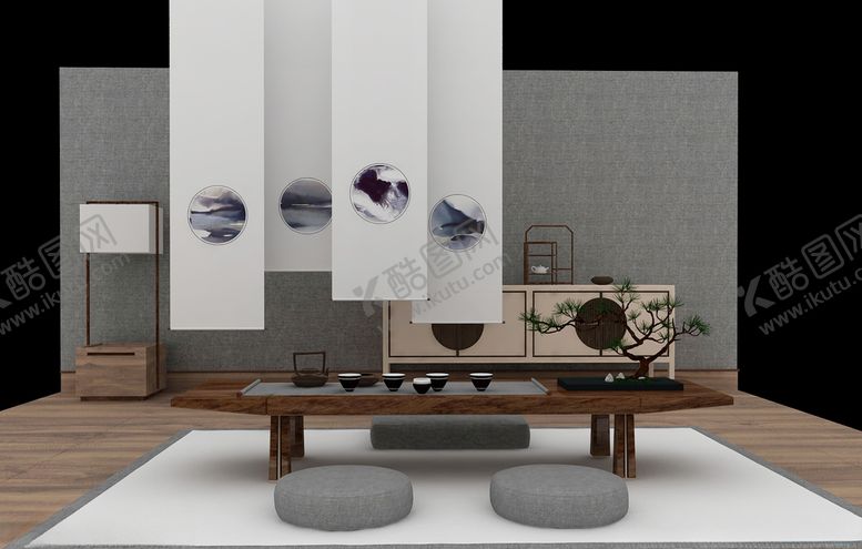 编号：40187209202332415123【酷图网】源文件下载-禅意茶桌边柜3d模型