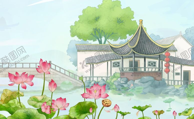 编号：88841909270543086050【酷图网】源文件下载-凉亭山水清新插画卡通背景素材