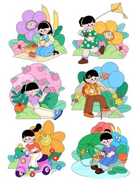 儿童户外欢乐活动场景手绘插画