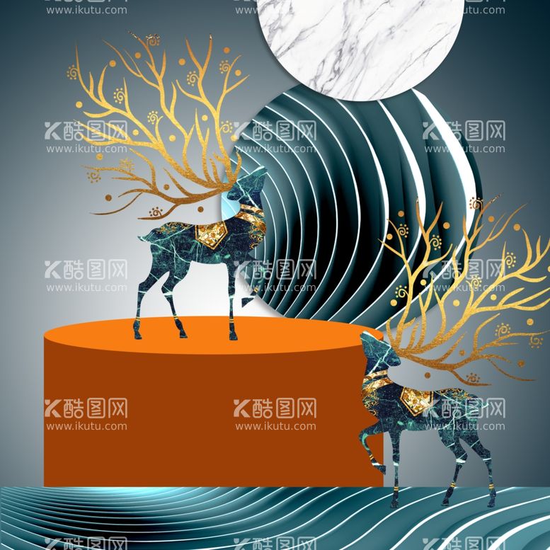 编号：92456611241443071268【酷图网】源文件下载-水彩麋鹿几何艺术挂画装饰画