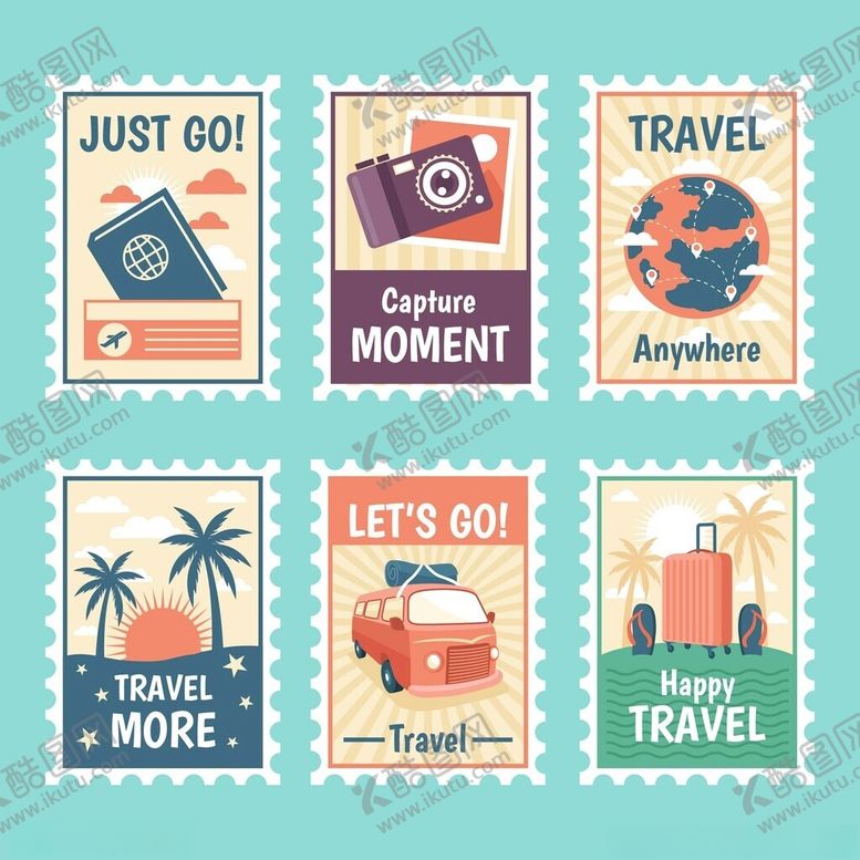 编号：39538211151434096556【酷图网】源文件下载-旅行主题邮票图案设计