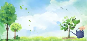 植树节水彩绿树绿色背景