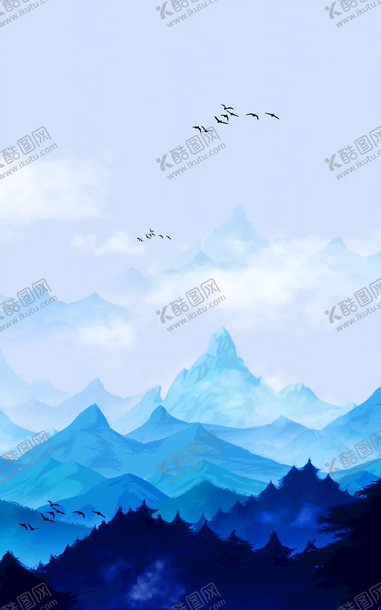 编号：41875209121905144015【酷图网】源文件下载-水彩山脉中式挂画装饰画无框画飞鸟