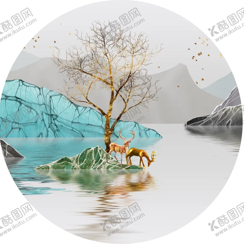 编号：47880701170511361071【酷图网】源文件下载-湖泊麋鹿圆形挂画装饰画
