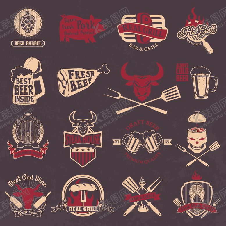 编号：40877309261640437632【酷图网】源文件下载-复古烧烤啤酒主题标志集合
