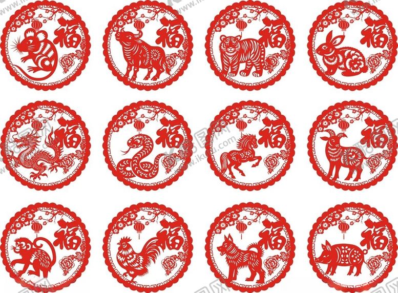 编号：20409609152206342548【酷图网】源文件下载-十二生肖剪纸窗花