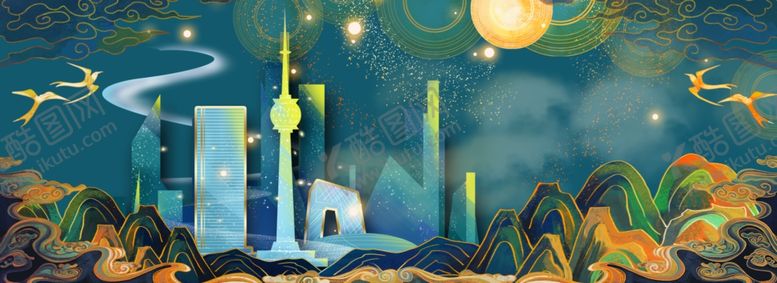 编号：15840809242210095093【酷图网】源文件下载-中式城市夜晚背景