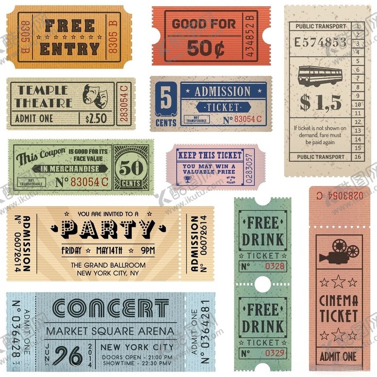编号：97573409261552302597【酷图网】源文件下载-复古风格活动门票集合