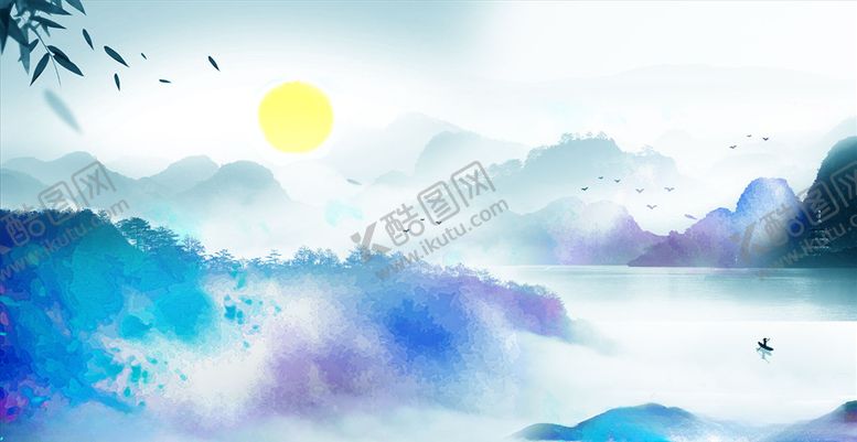 编号：38392206191045136690【酷图网】源文件下载-水墨山水小船太阳背景墙