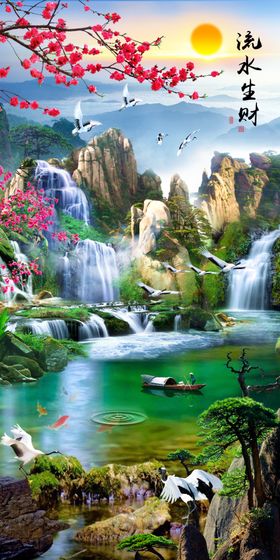 水墨山水瀑布流水生财