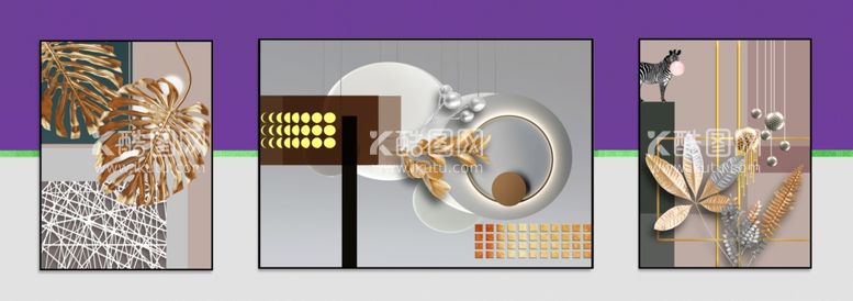编号：27393811251645157890【酷图网】源文件下载-轻奢树叶几何艺术三联挂画装饰画