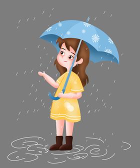 绿色谷雨节气打伞女孩树林插画