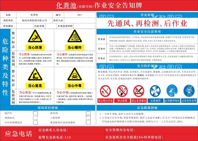 编号：13090312271040272874【酷图网】源文件下载-化粪池作业安全告知牌