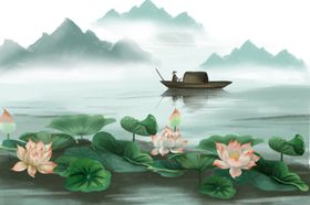 山水荷花传统插画背景素材
