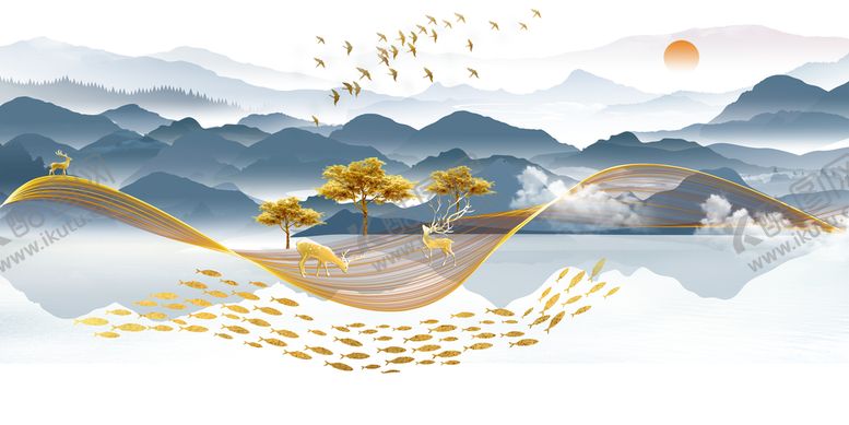 编号：86002410141935324008【酷图网】源文件下载-新中式麋鹿山水 