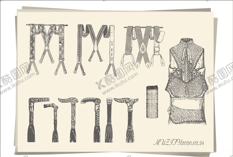 编号：76163409271038491211【酷图网】源文件下载-背带权杖欧式生活用品手绘稿