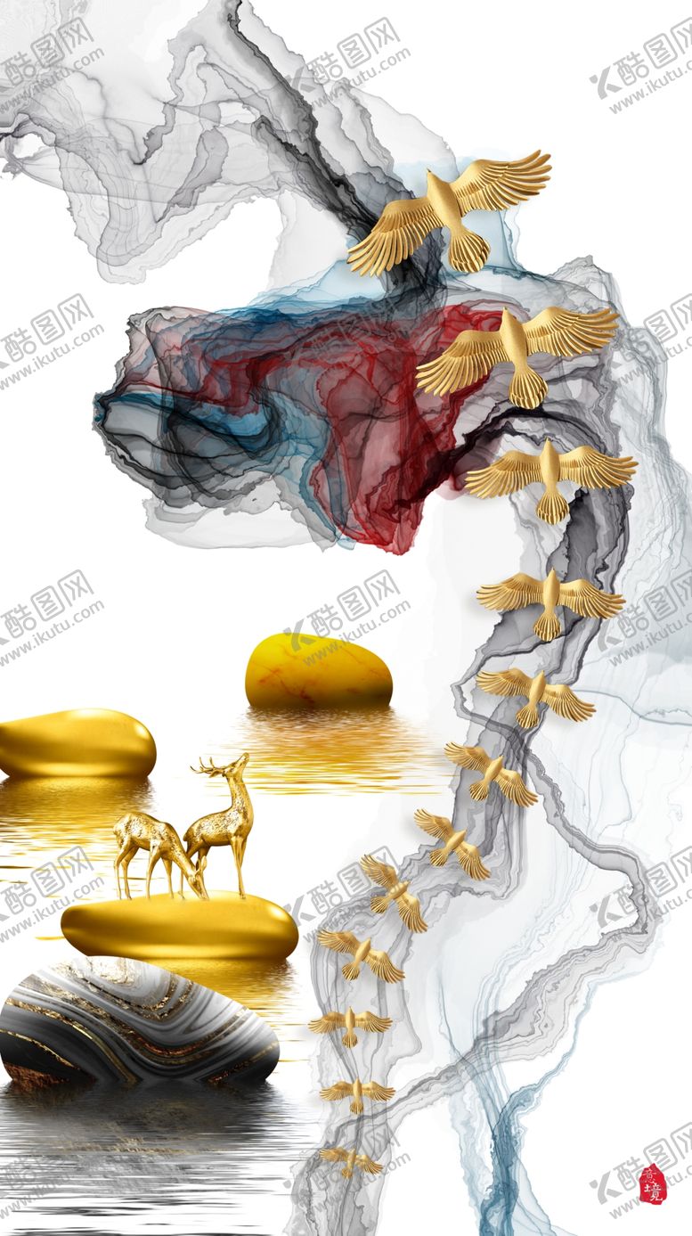 编号：92340804211930577872【酷图网】源文件下载-新中式麋鹿山水玄关画