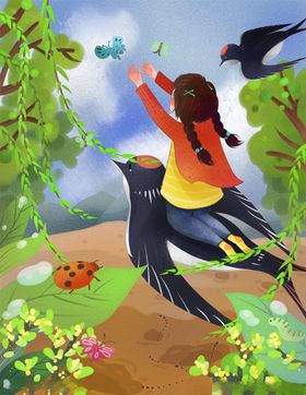 手绘惊蛰坐着燕子的女孩插画图片