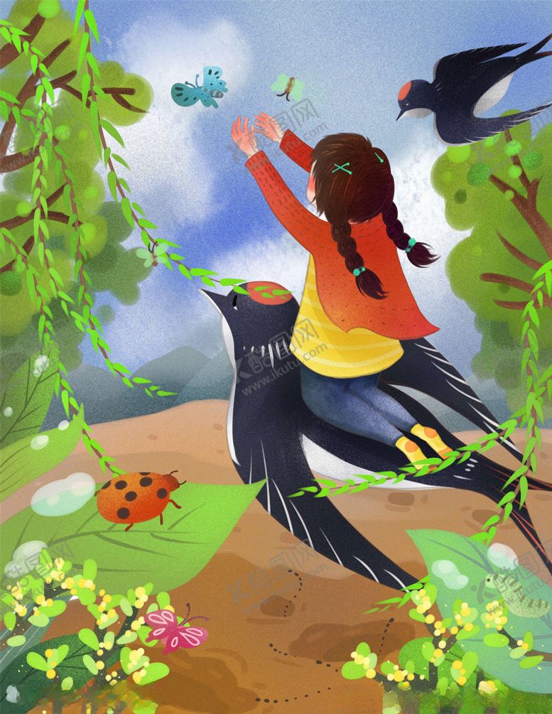 编号：60497909130016242319【酷图网】源文件下载-手绘惊蛰坐着燕子的女孩插画图片