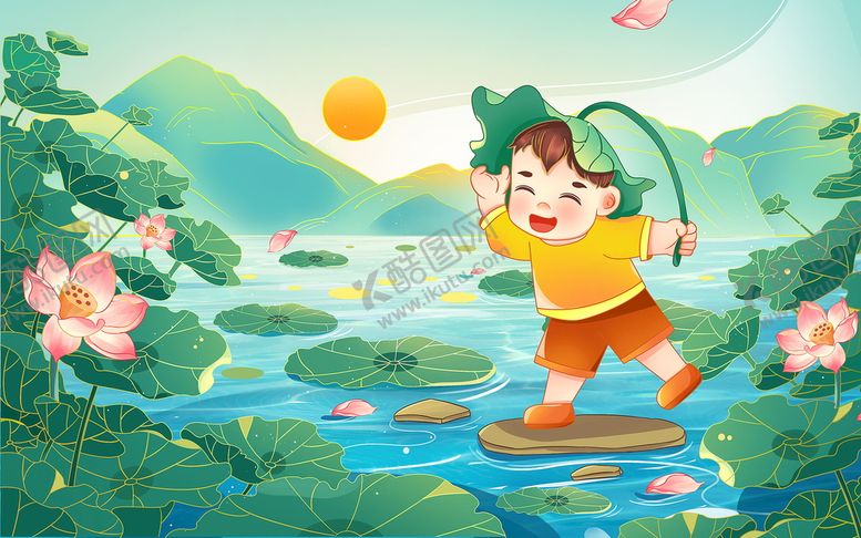 编号：61245009181523008135【酷图网】源文件下载-国潮夏天夏至小暑荷花插画
