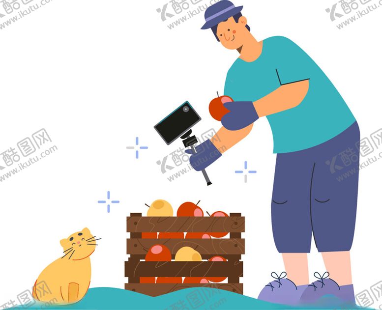 编号：73043104301603416013【酷图网】源文件下载-男子直播水果木箱与猫咪
