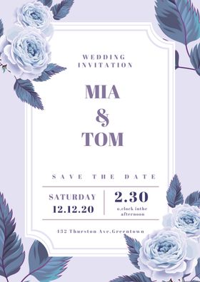 蓝白色花卉婚礼请柬设计