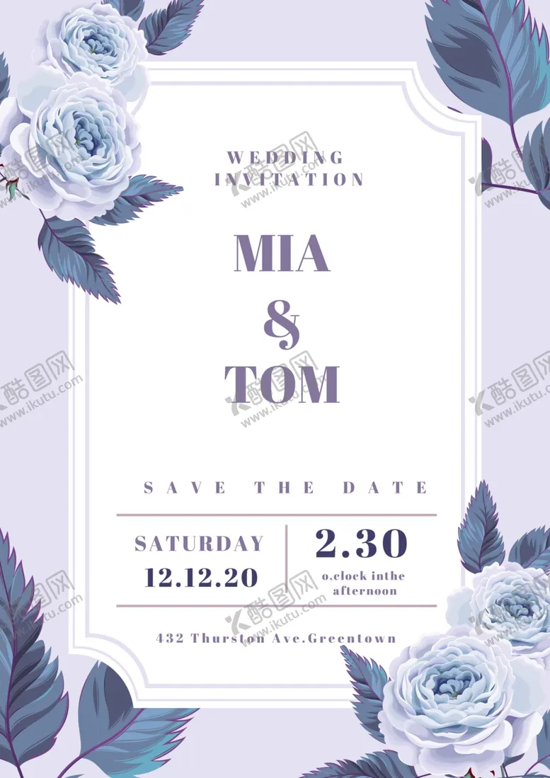 编号：67834404212053216806【酷图网】源文件下载-蓝白色花卉婚礼请柬设计